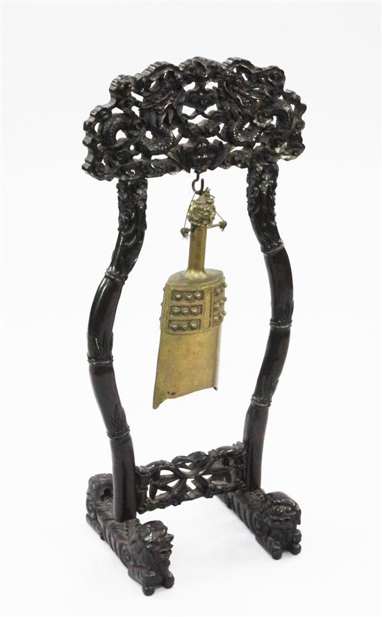 A Chinese rosewood stand and bronze bell, late 19th century, 82cm